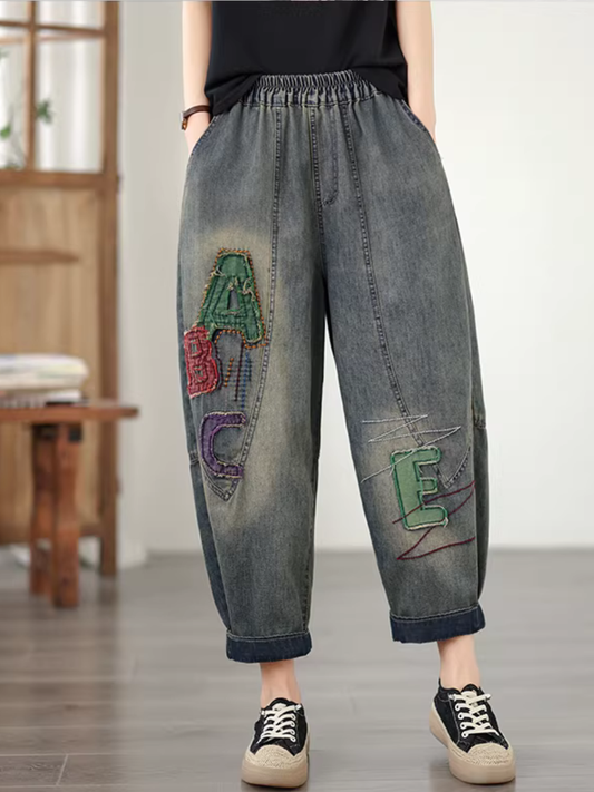 Chic Embroidered Harem Denim Pants with Elastic Waist, Women's Jeans