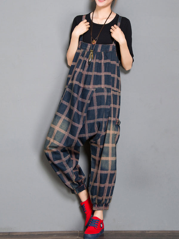 Colleen Denim Harem Overall Dungarees with Plaids Prints