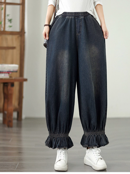 Women’s Classic Summer Denim Casual Loose Pleated Bottom