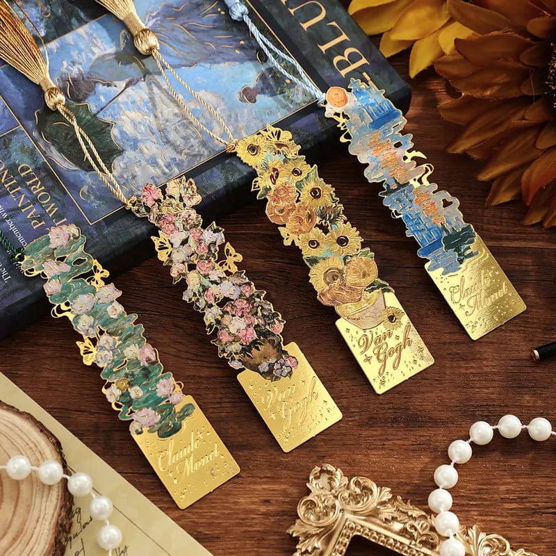 üìö‚ú® 8-Piece Gold Metal Bookmark Set with Tassel ‚Äì Van Gogh & Monet Inspired Gift for Book Lovers üé®
