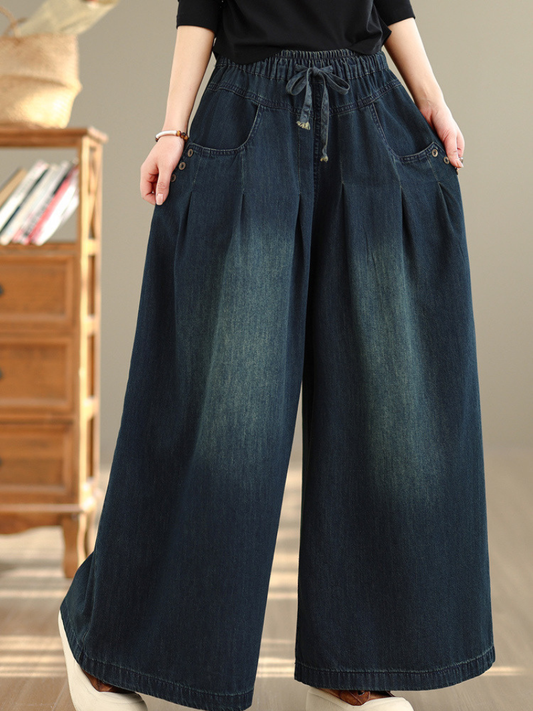 Relaxed Wide-Leg Denim Cotton Palazzo Pants with Drawstring Waist and Deep Pockets
