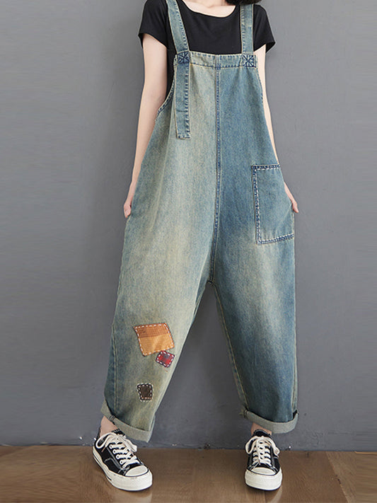 Vintage Wash Denim Dungarees - Artisan Patch Detail