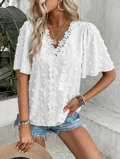 üî• Elegant Swiss Dot Lace Butterfly Sleeve Shirt, Long Sleeve Commuter Top, Loose Fit Casual Summer Blouse for Women