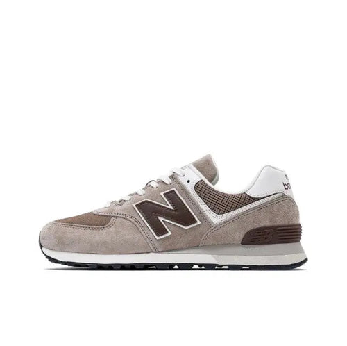 New Balance 574 sneakers, brown and gray suede with white N logo