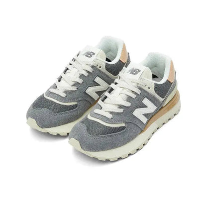 Pair of Apollo Grey 574 sneakers with white laces and off-white N logo