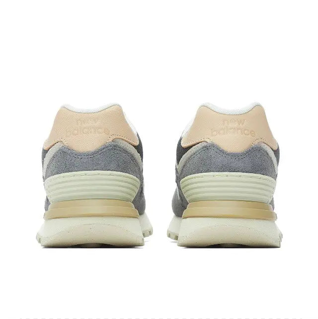 Apollo Grey 574 sneakers with rear view, beige midsole, and striped heel