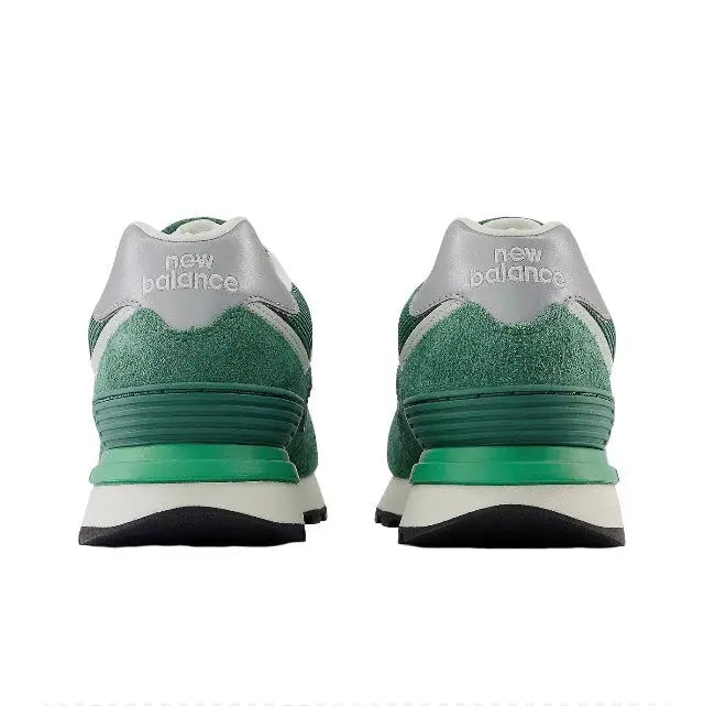 574 sneaker heels, green suede with white back tab and teal midsole