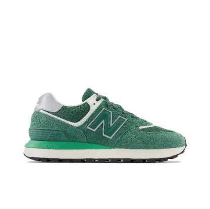 574 low-top sneaker, green suede with white collar and teal accent midsole