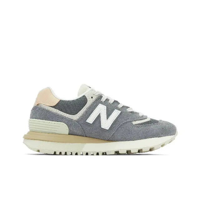 Apollo Grey 574 low-top sneaker with side N logo, white laces, tan sole