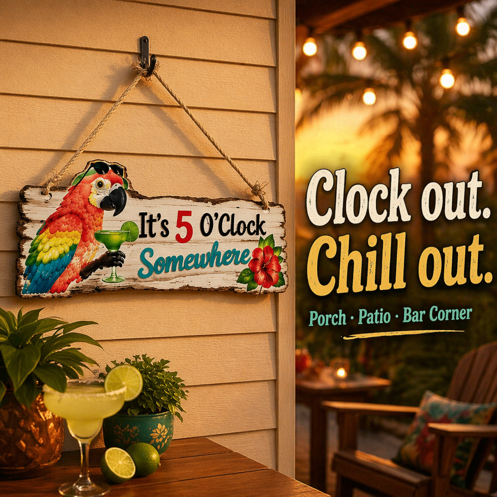 It's 5 O'Clock Somewhere Parrot wall art ü¶ú‚Äì Tropical Patio Wall Decoüçπ