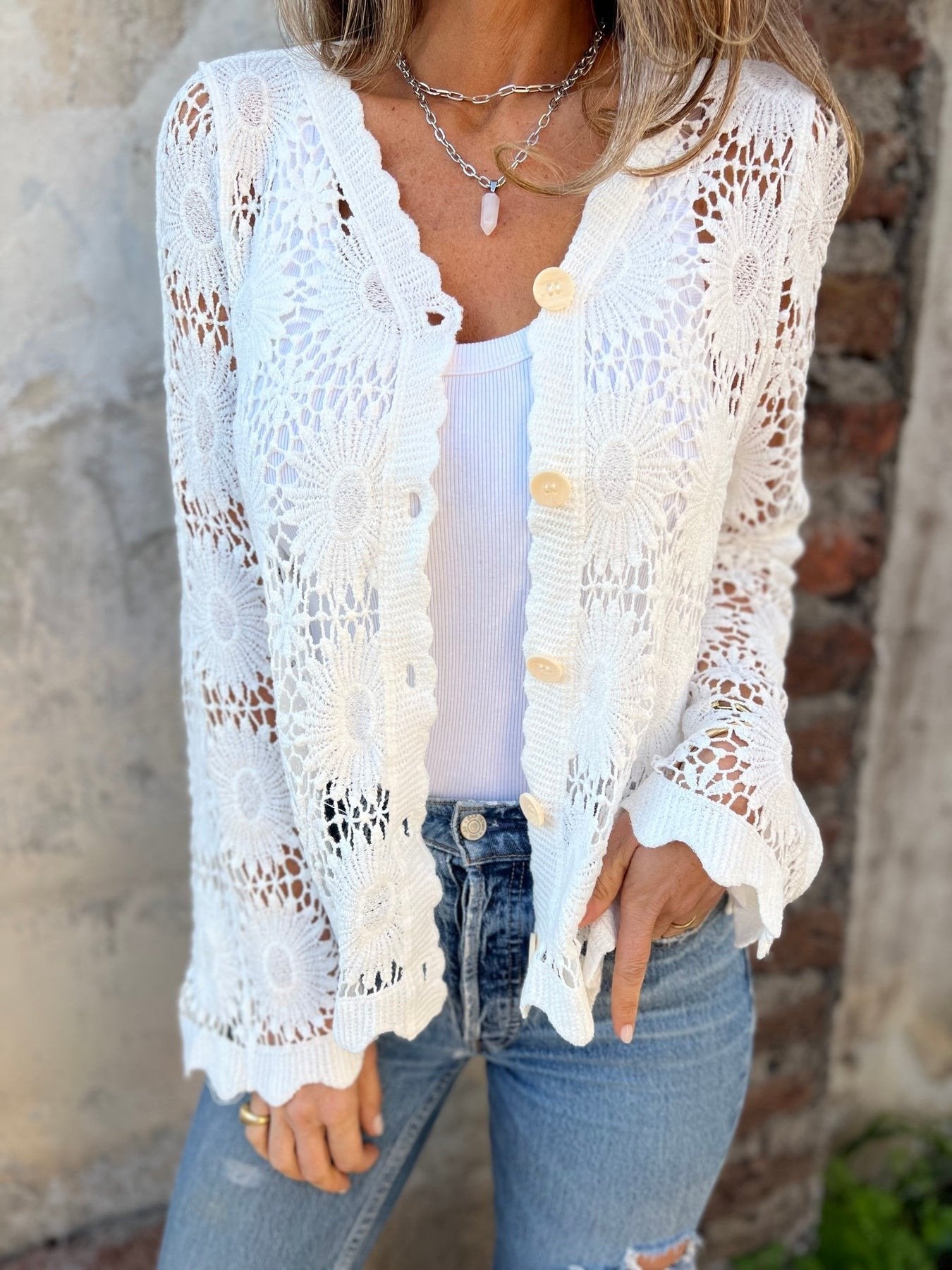 üèÜFlash Sale‚ö° 50K+ SOLD! Almost Gone-üí•Cutout Embroidered V-Neck Button Long Sleeve Top,Best gifts