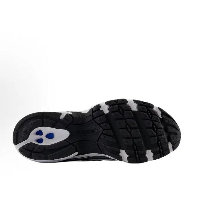 Running shoe outsole with black tread and blue logo mark