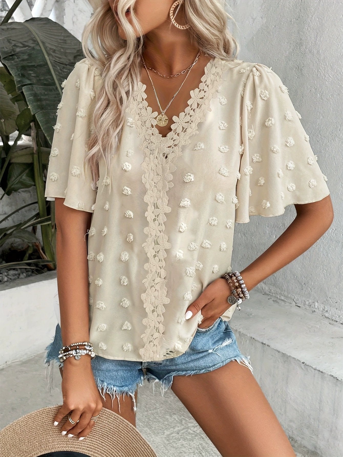 üî• Elegant Swiss Dot Lace Butterfly Sleeve Shirt, Long Sleeve Commuter Top, Loose Fit Casual Summer Blouse for Women