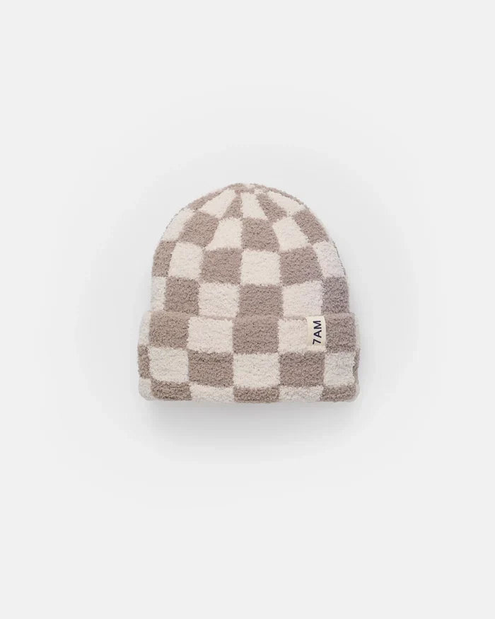 7am Enfant Fuzzy Checkered Ribbed Beanie in Ecru/Taupe