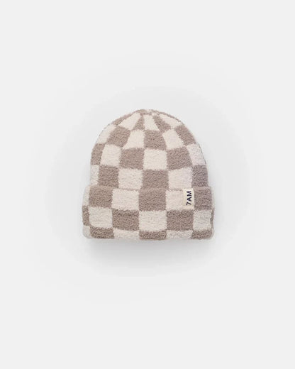 7am Enfant Fuzzy Checkered Ribbed Beanie in Ecru/Taupe