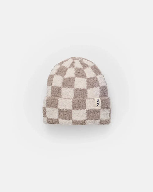 7am Enfant Fuzzy Checkered Ribbed Beanie in Ecru/Taupe