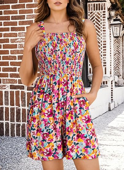 ‚è∞Hot Sale 49% OFFüíÉWomen's Summer Square Neck Sleeveless Loose Casual Short Smocked Romper
