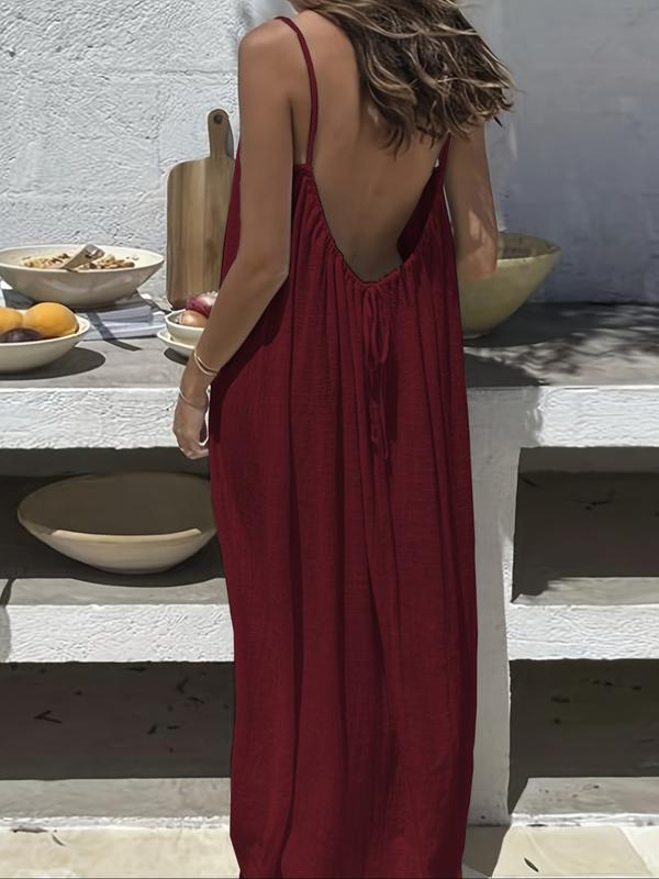 Women's Solid Color Cami Lounge Dress, Elegant Sleeveless Long Dress for Summer, Ladies Sleepwear for Indoor Wear
