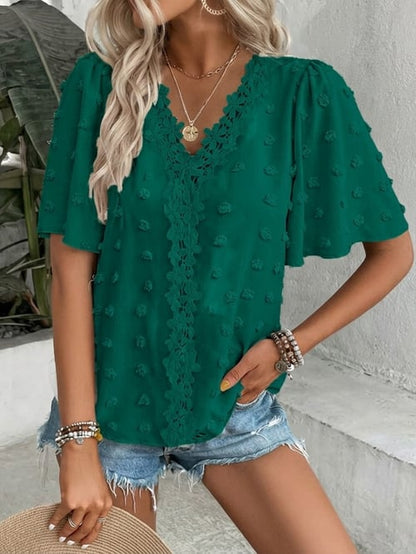 üî• Elegant Swiss Dot Lace Butterfly Sleeve Shirt, Long Sleeve Commuter Top, Loose Fit Casual Summer Blouse for Women