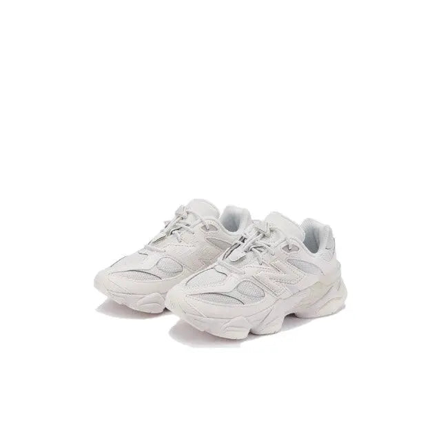 New Balance 9060 white sneaker top/side view with lace-up and sculpted overlays
