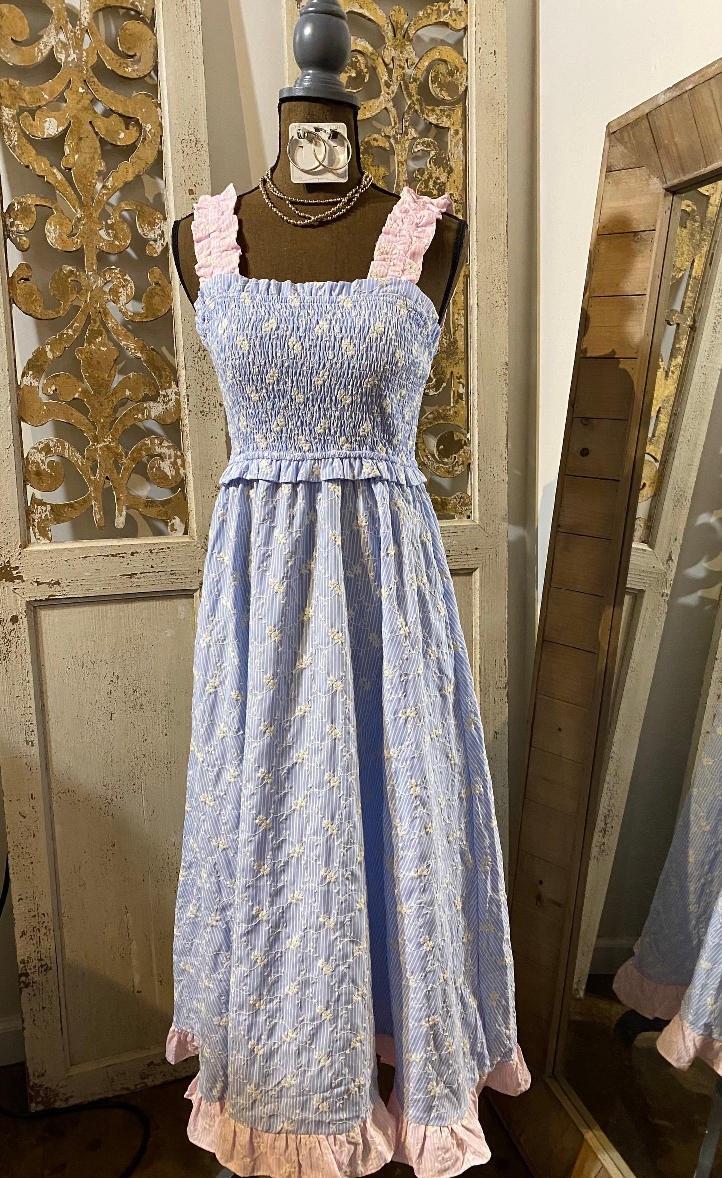 Blue/ pink mix embroidered dress
