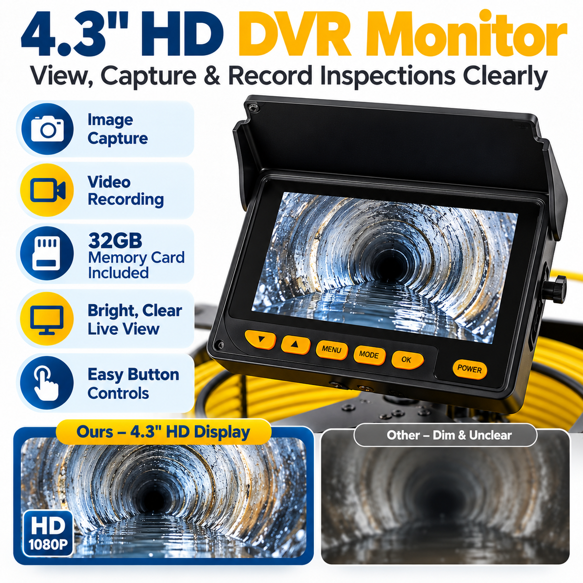 Professional Sewer Inspection Camera System with 4.3" Monitor, LED Waterproof Camera, 16GB TF Card & Rechargeable Battery – Semi-Rigid Cable for Drain & Pipe Inspection