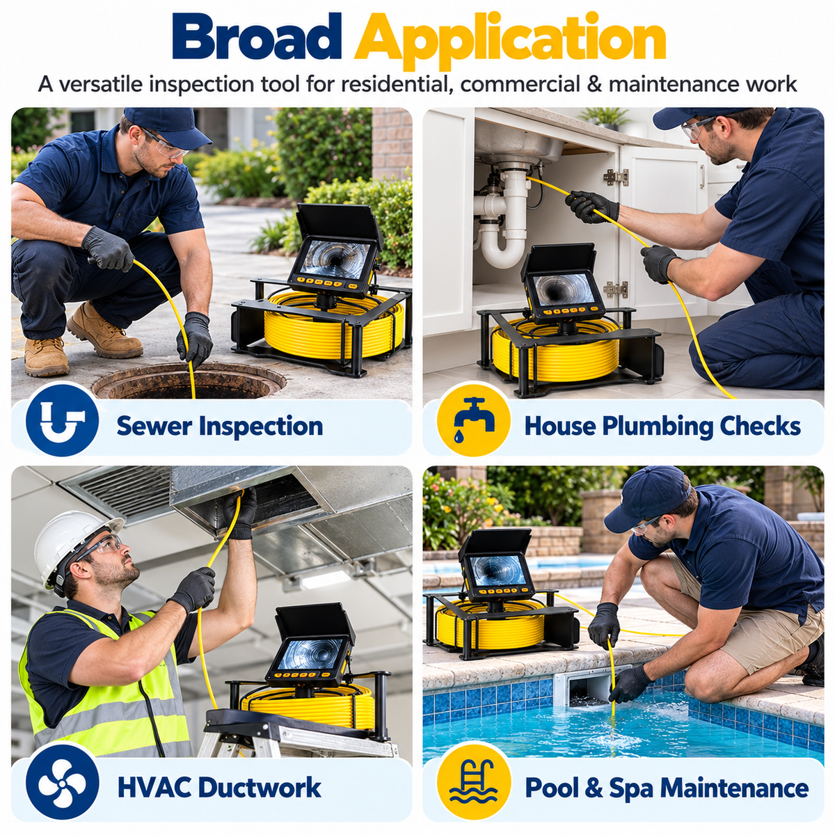 Professional Sewer Inspection Camera System with 4.3" Monitor, LED Waterproof Camera, 16GB TF Card & Rechargeable Battery – Semi-Rigid Cable for Drain & Pipe Inspection