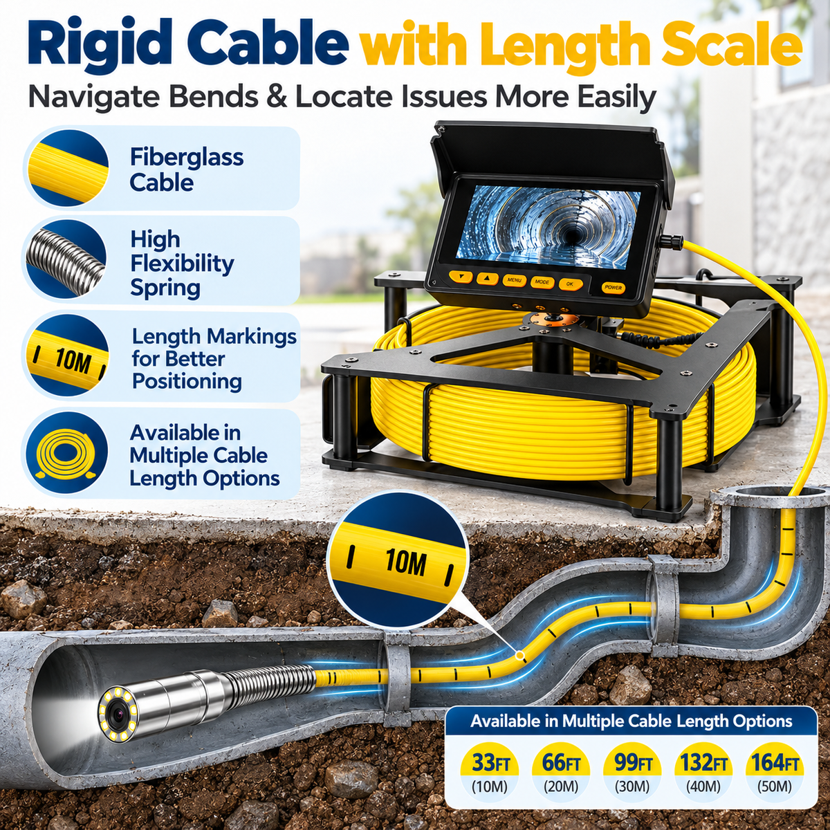 Professional Sewer Inspection Camera System with 4.3" Monitor, LED Waterproof Camera, 16GB TF Card & Rechargeable Battery – Semi-Rigid Cable for Drain & Pipe Inspection