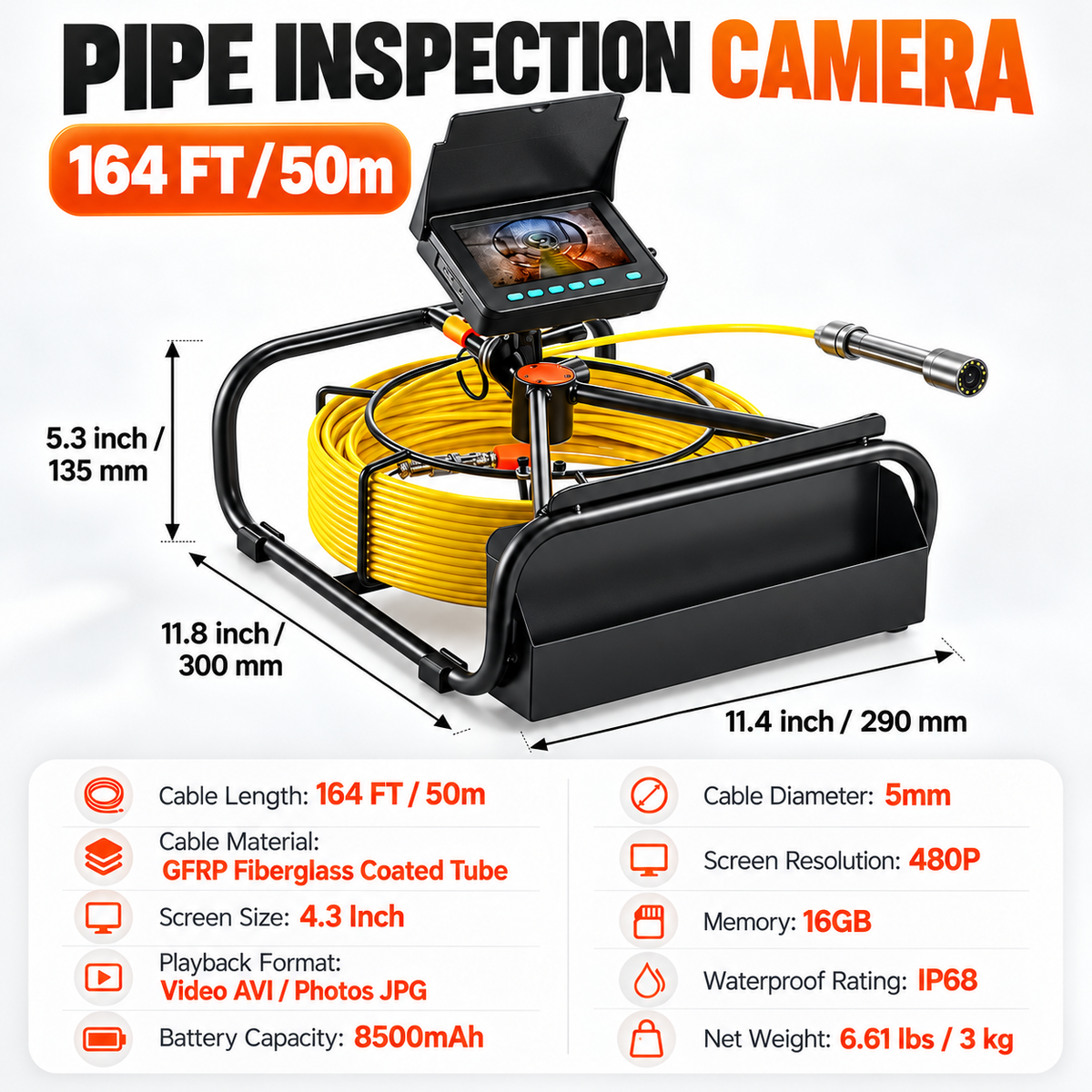 Professional Sewer Inspection Camera System with 4.3" Monitor, LED Waterproof Camera, 16GB TF Card & Rechargeable Battery – Semi-Rigid Cable for Drain & Pipe Inspection