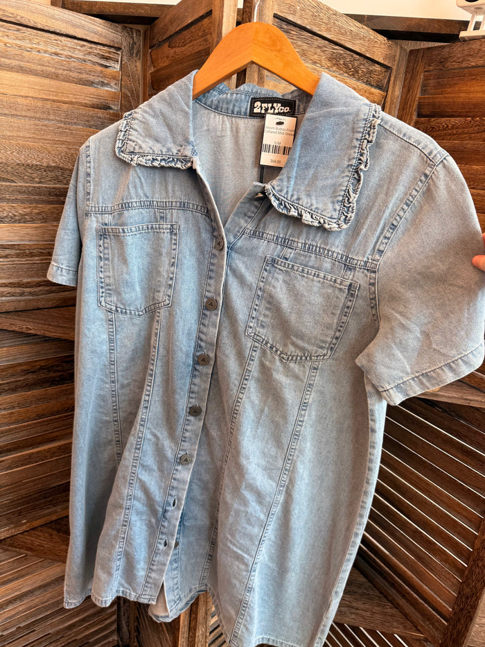 Light wash denim midi dress with collared button front and chest patch pockets