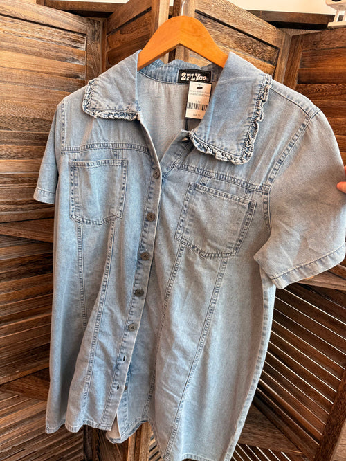 Light wash denim midi dress with collared button front and chest patch pockets