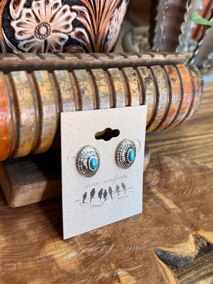 Turquoise-centered silver concho stud earrings, round filigree bezel