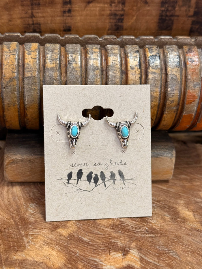 Silver-tone turquoise stud earrings with two oval stones and detailed silver backs