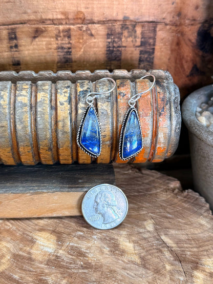 Silver-plated fishhook earrings with blue teardrop lapis stones, rope-framed settings