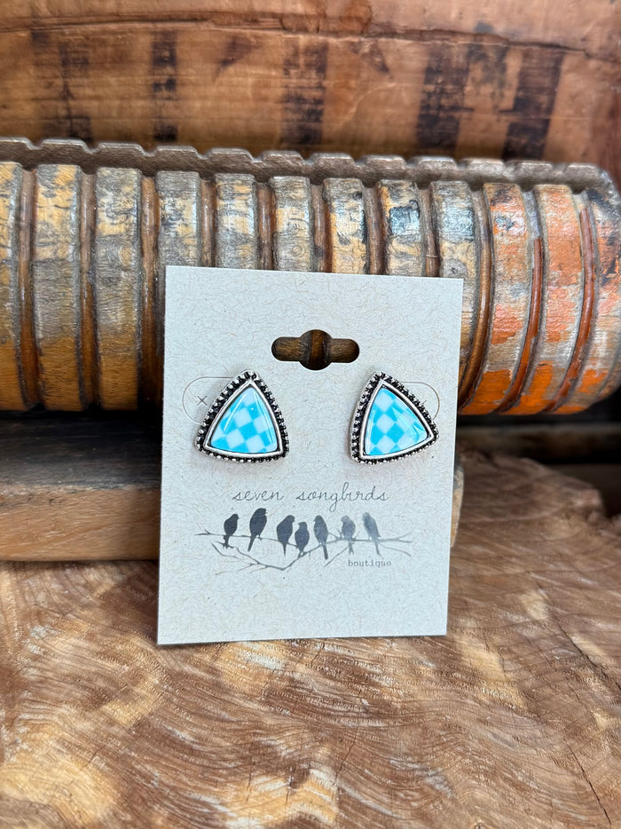 Blue-and-white checkered triangle stud earrings with metal bead edging