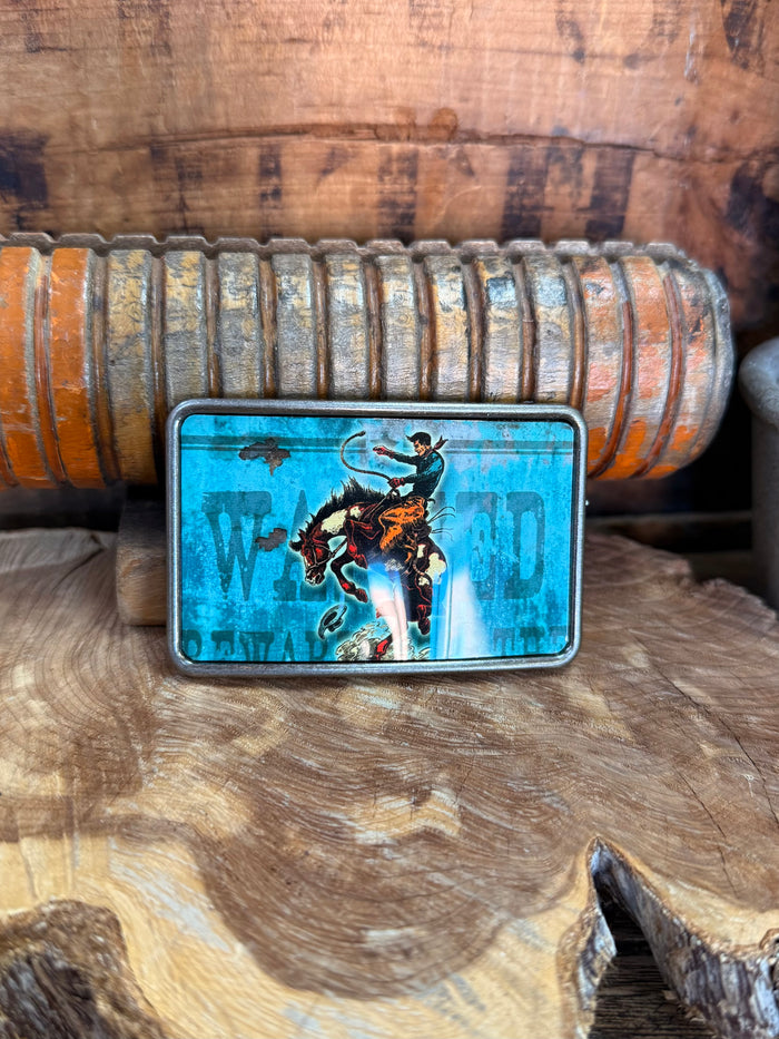 Cowboy saddle bronc belt buckle with blue western rider graphic in silver frame