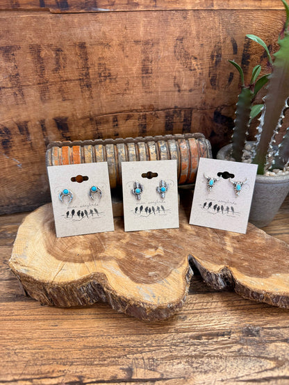 Silver-tone turquoise stud earrings set: horseshoe, cactus, and longhorn designs
