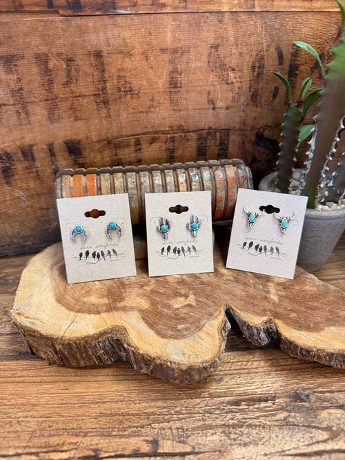 Silver-tone turquoise stud earrings set: horseshoe, cactus, and longhorn designs