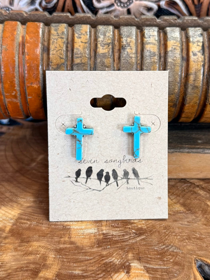 Turquoise cross stud earrings with silver-tone back posts, two blue crosses