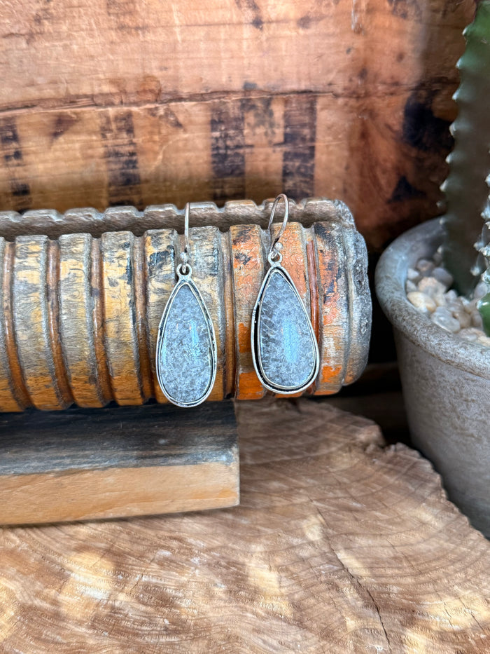 Silver-tone fishhook earrings with blue teardrop natural stone, textured finish