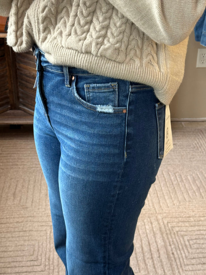 Risen tummy control straight jeans in dark blue wash, back view with stitched back yoke