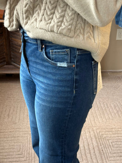 Risen tummy control straight jeans in dark blue wash, back view with stitched back yoke