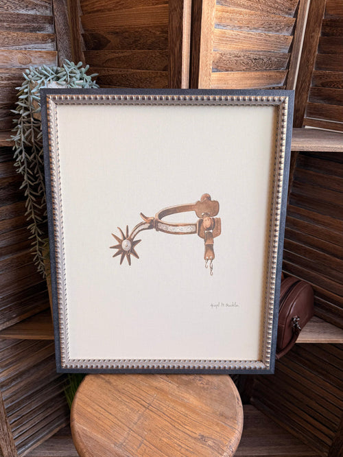 18x22 framed Western spur illustration in silver beaded frame