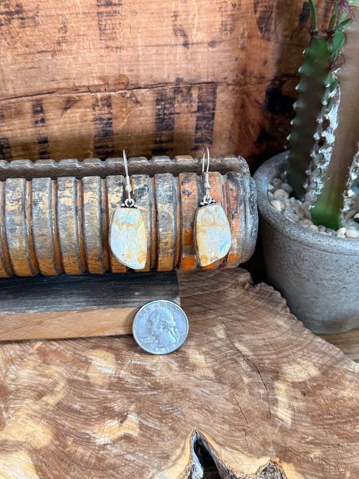 Silver fishhook earring with oval opal-like natural stone near coin for scale