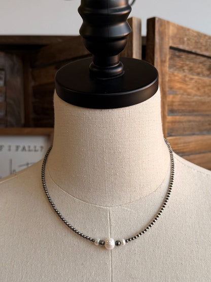 Freshwater pearl choker-style necklace, silver-toned beads and center white pearl