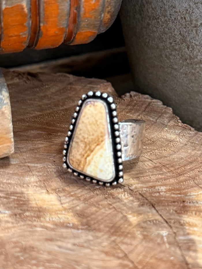 Adjustable silver-plated brass ring with triangular jasper stone and beaded edge bezel