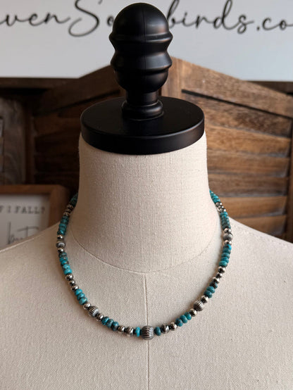 16 in turquoise bead necklace with graduated silver spacer beads, even bead strand