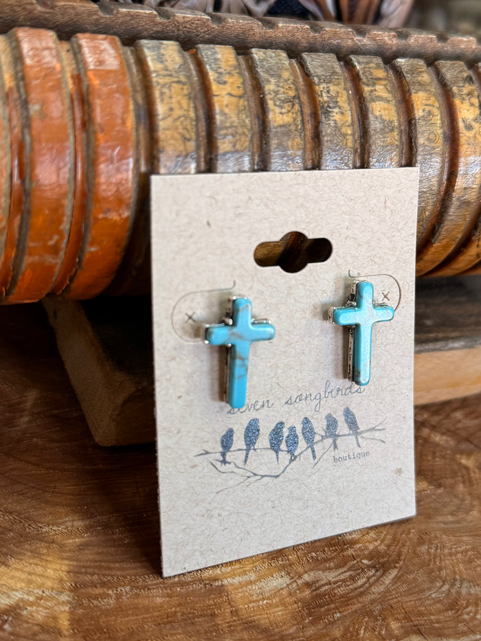 Turquoise cross stud earrings, silver-tone posts and backs, two blue crosses