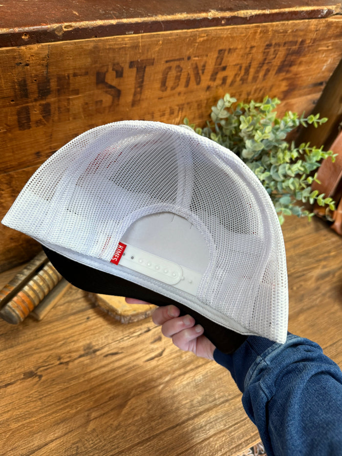 White mesh trucker hat with adjustable snap and grey heather front