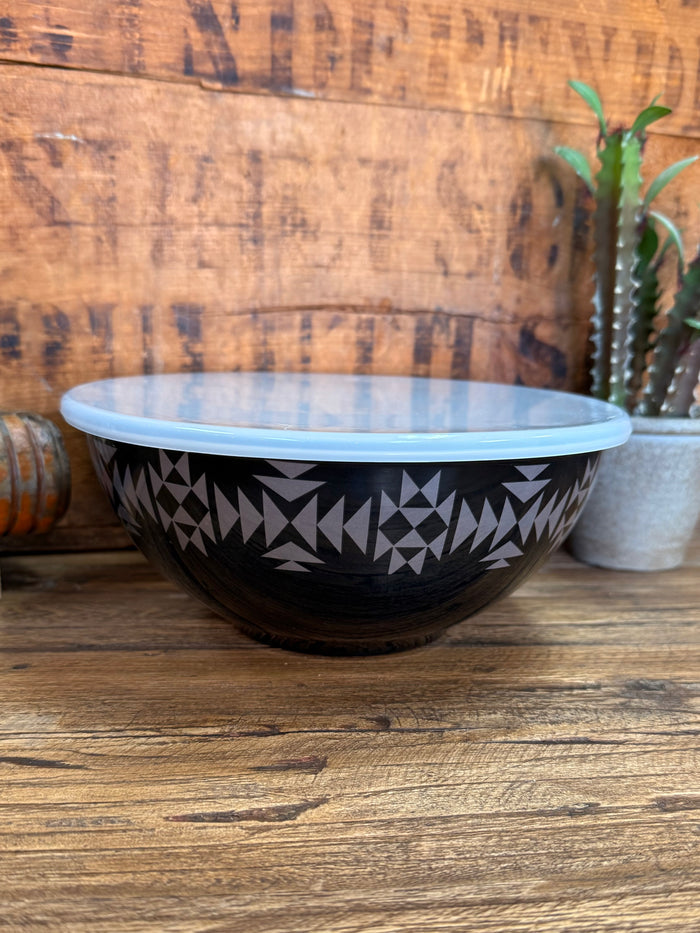 Black Aztec melamine bowl with light blue lid, geometric band in black and white with red accents